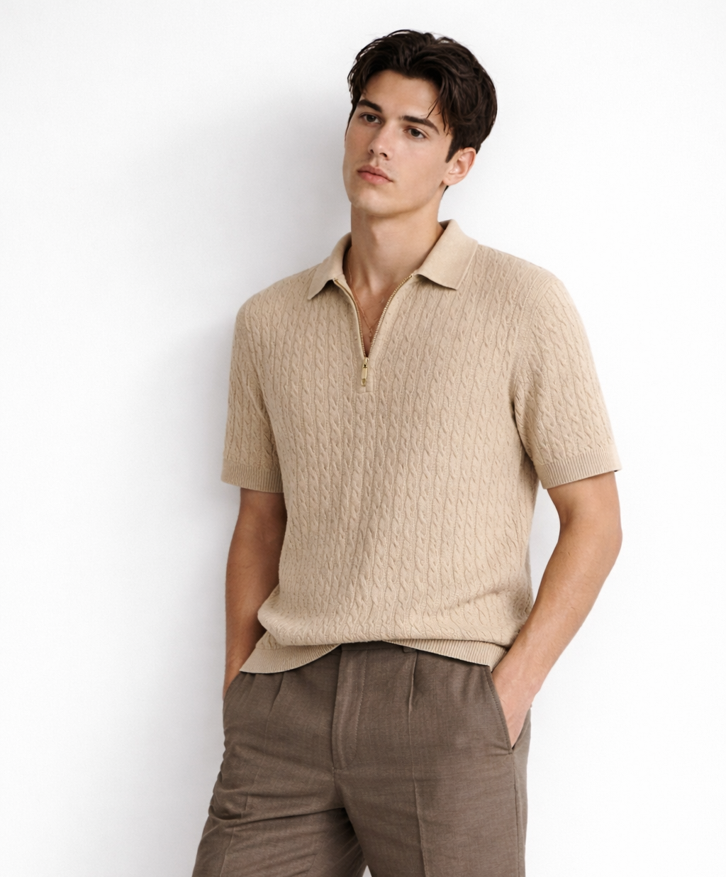 100% Cotton blend cable knit classic polo T-shirt for men